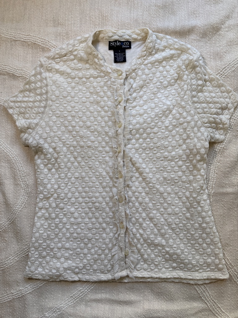 Style & Co. White Unique Textured Short Sleeve Vintage Size Large Button Blouse